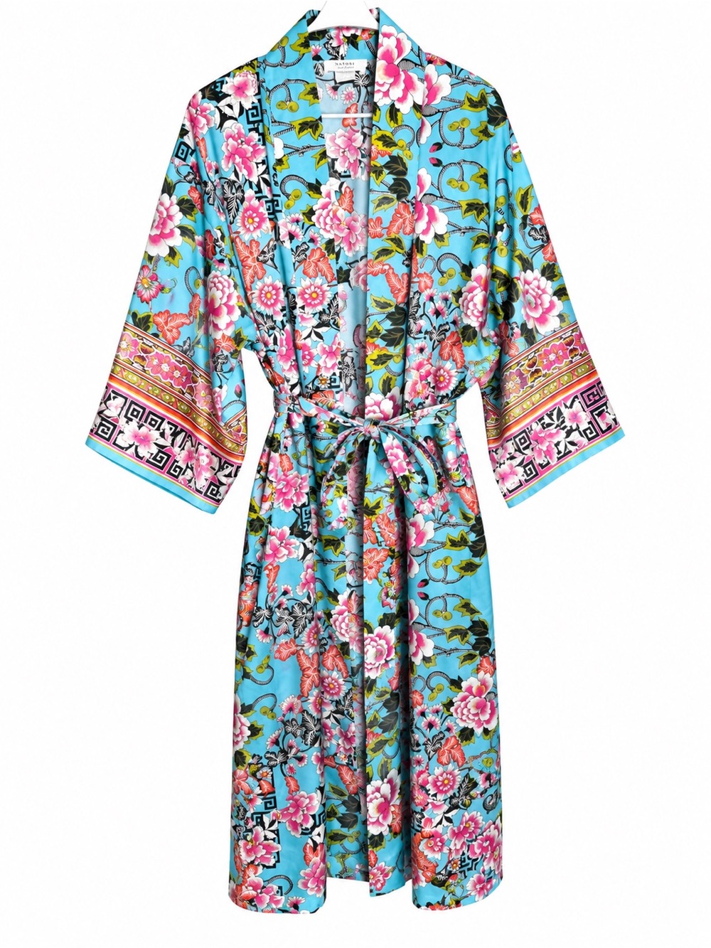 Natori Private Luxuries Floral Satin Kimono Robe Blue Pink Long Wrap Belted Sz L